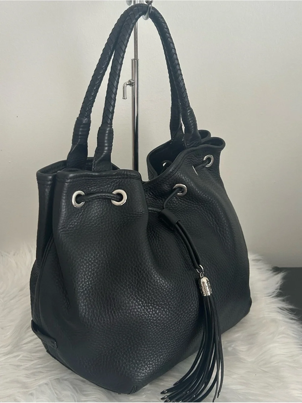 Cole Haan Black Pebbled Leather Bucket Bag Drawstring Tassel Braided Handle Tote